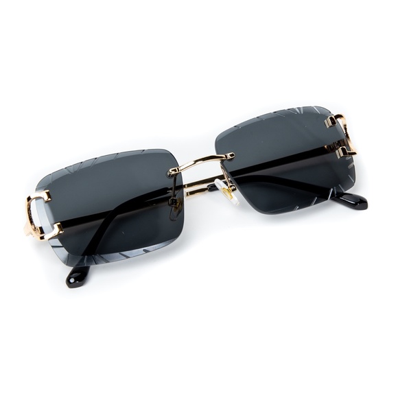 Men's Gem Cut Black Tint Gold Frame Hip Hop Rimless Luxury Rectangle Sunglasses - Picture 4 of 5